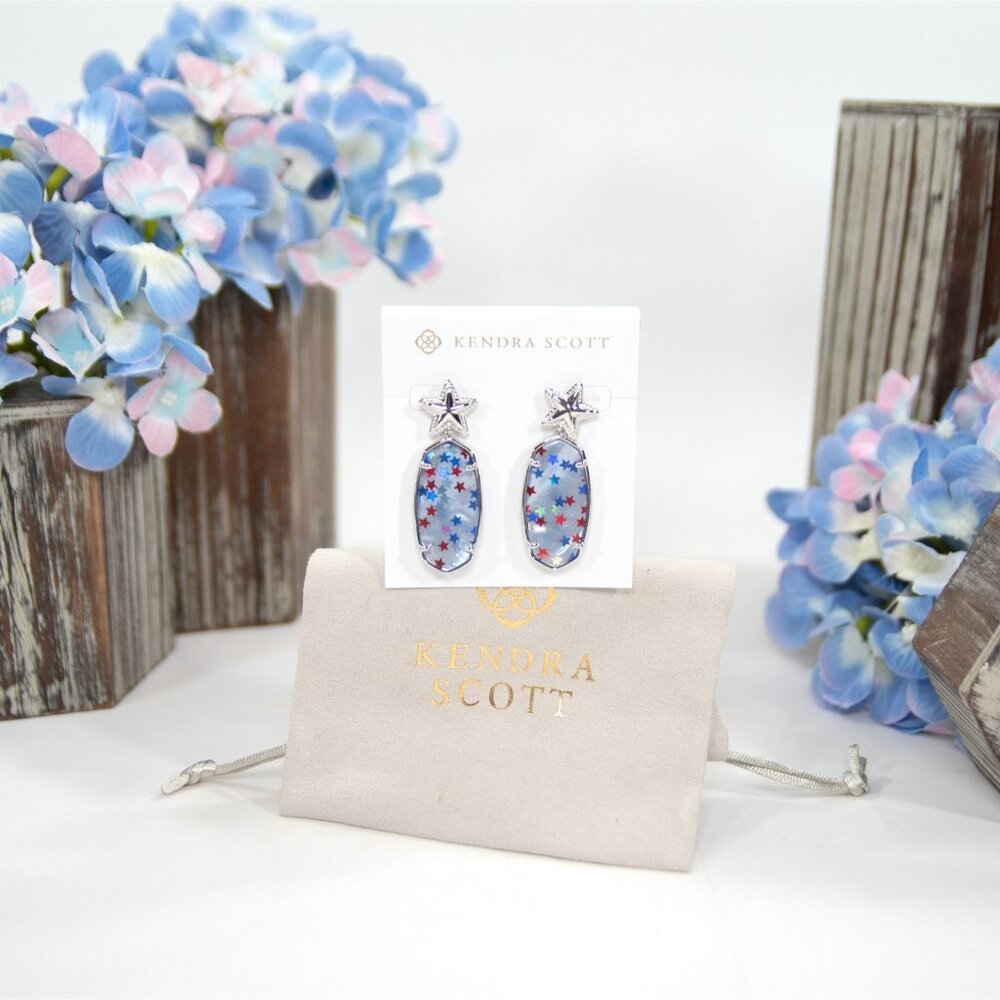 Kendra Scott Elle Rhodium Star Red Blue Iridescent Mother of Pearl Earrings NWT